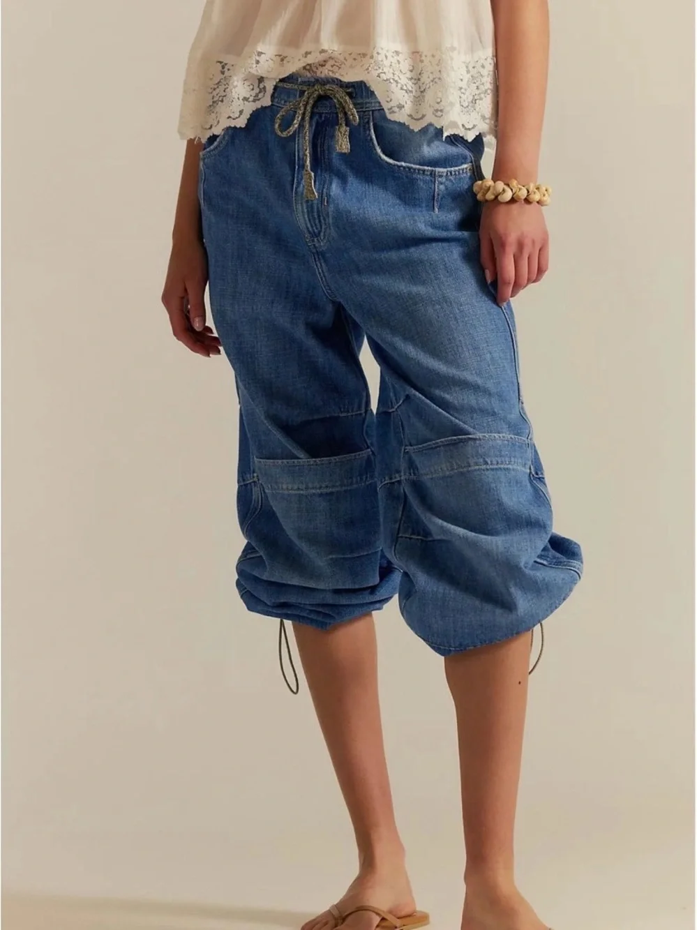 Free People Washed Blue Logan Cinched Drawstring Jeans